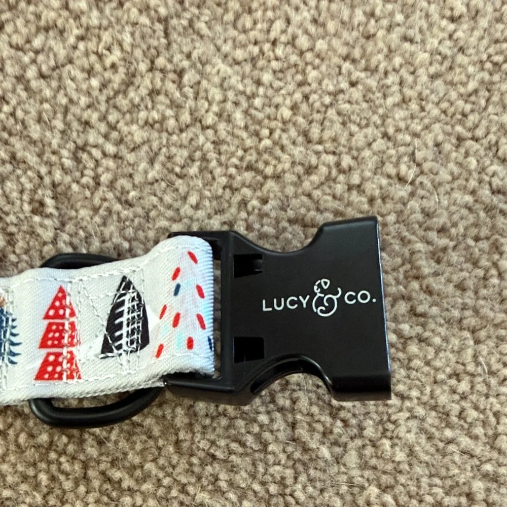 Lucy & Co. Holiday Tree Dog Collar - Gray blue with Multi-Color Trees